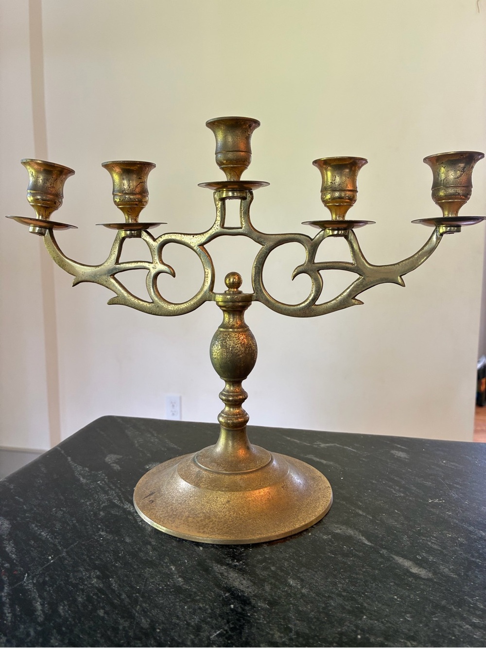 Vintage Ornate Brass Candelabra 5 Arm Taper Candle Holder Table Centerpiece 11"